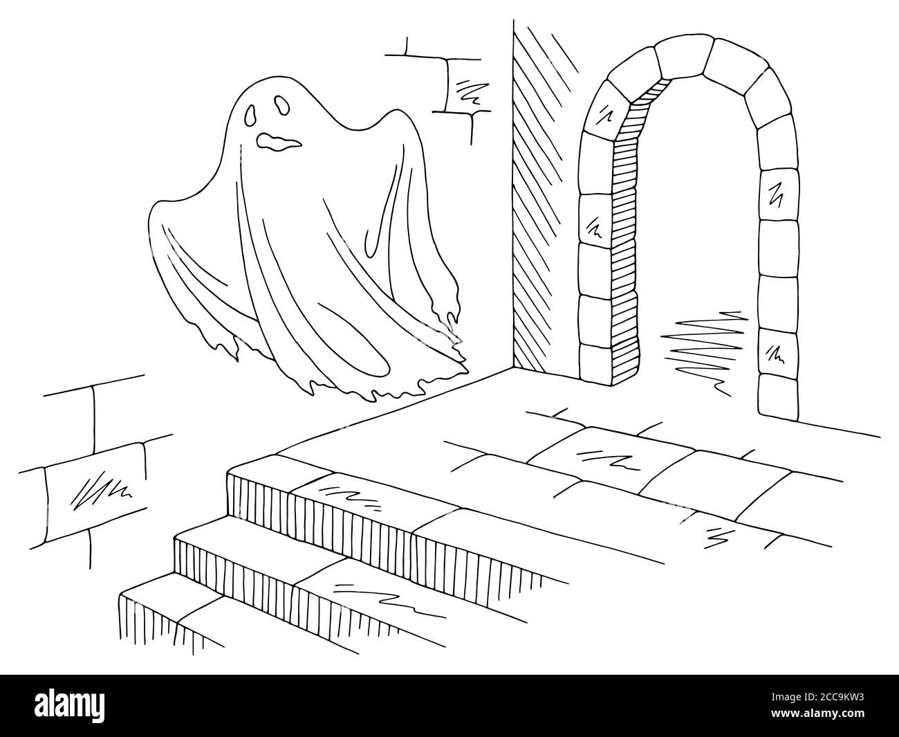 Ghost flying in the hallway of the castle graphic black white sketch illustration vector Stock Vector