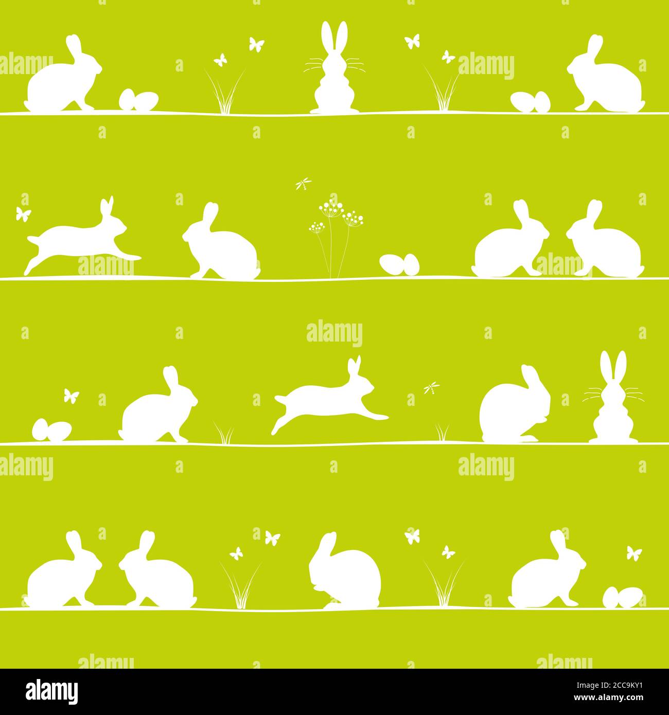 Illustration of Easter eggs and bunnies on green background Stock Photo ...