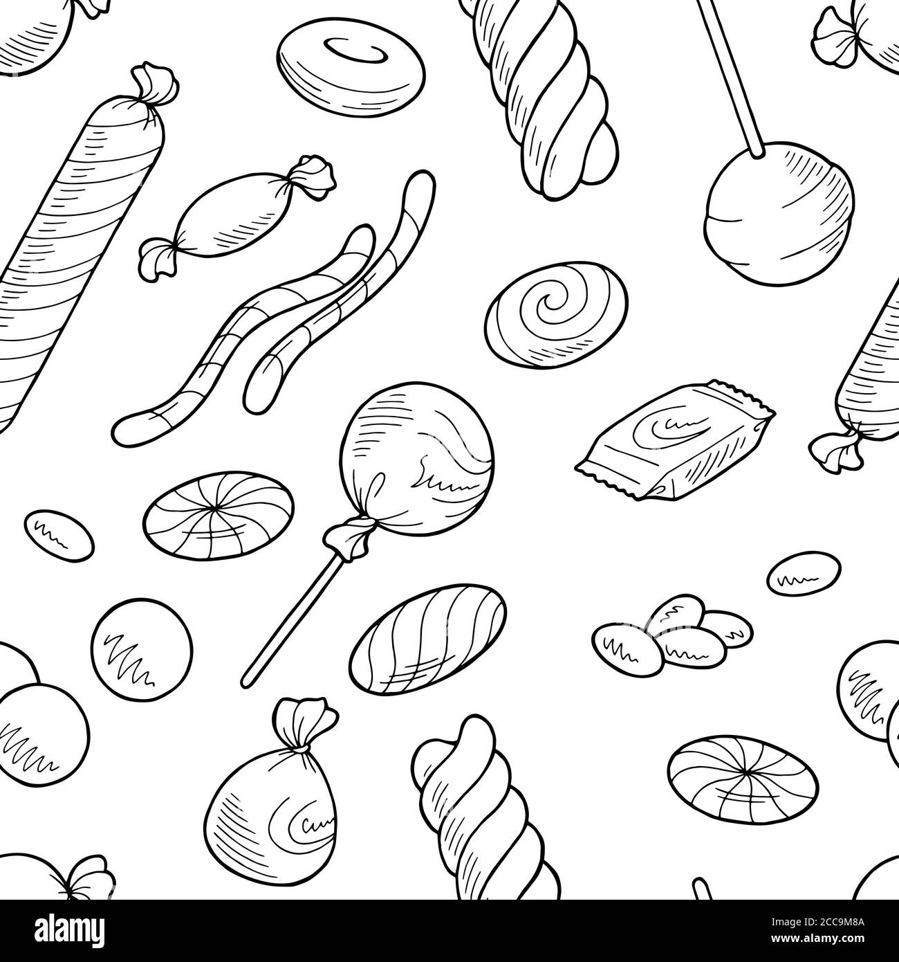 Candy graphic sweet food black white seamless pattern background sketch illustration vector Stock Vector
