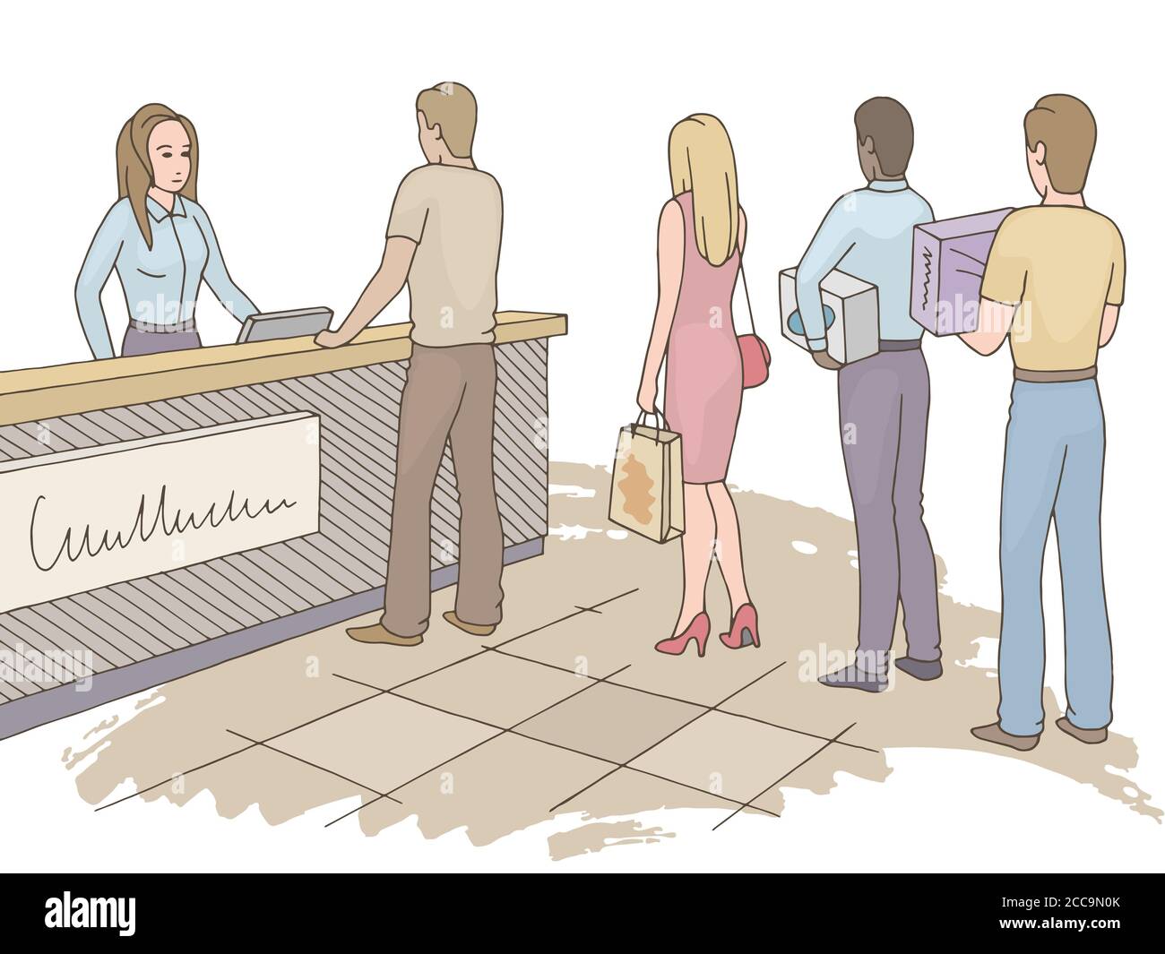 People waiting in line queue. Shop graphic color sketch illustration vector Stock Vector