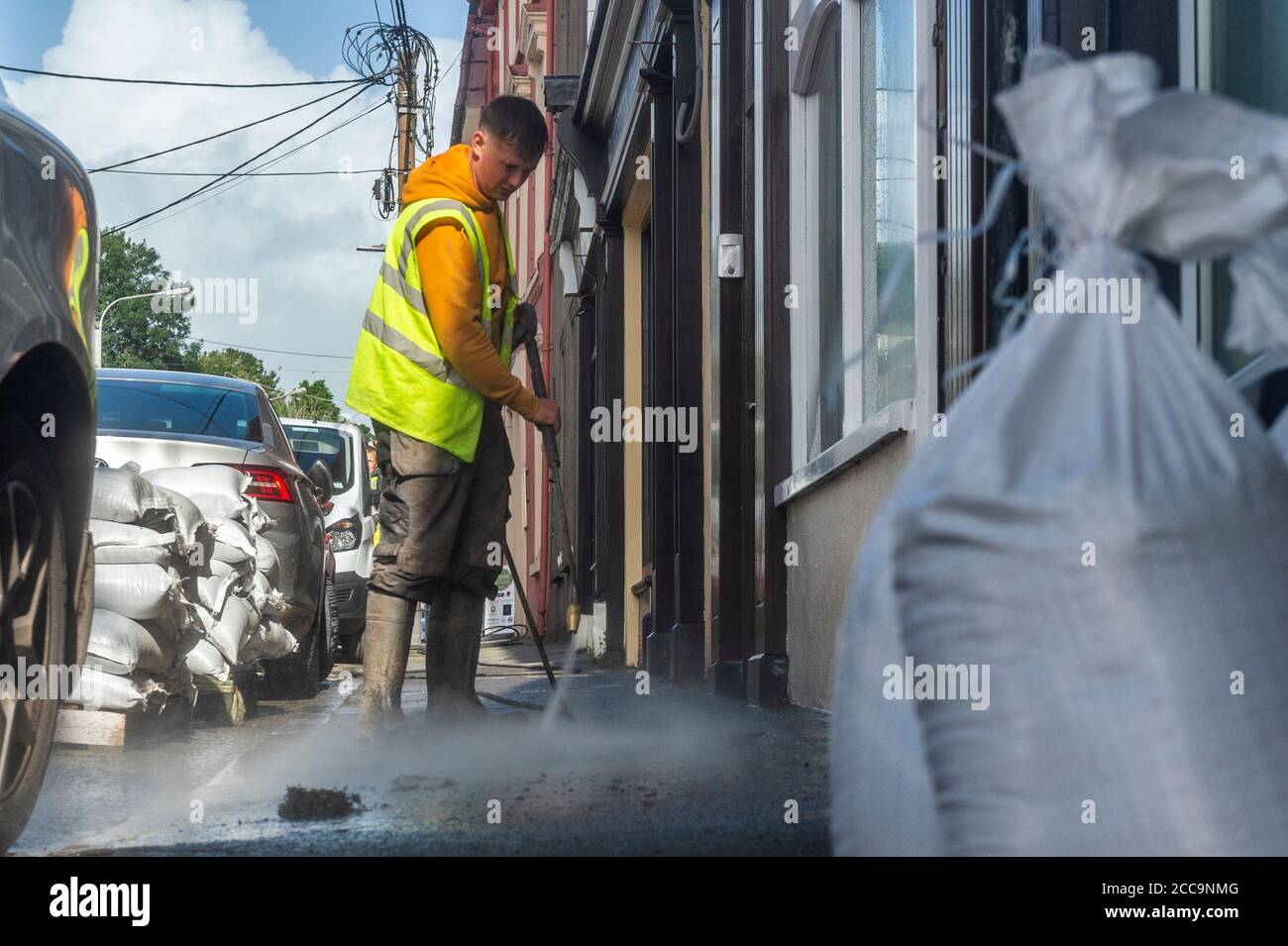 Skibbereen, West Cork, Ireland. 20th Aug, 2020. The big clean up in Skibbereen began early this morning after floods affected some 15 businesses in the town last night. Credit: AG News/Alamy Live News Stock Photo