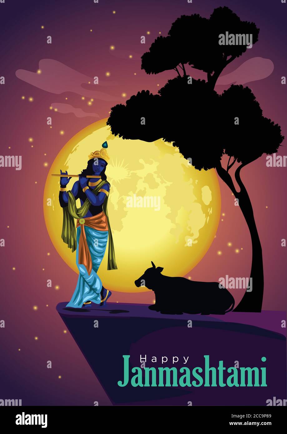 Lord Krishna playing flute , with night background.vector illustration of Happy Janmashtami festival of India Stock Vector