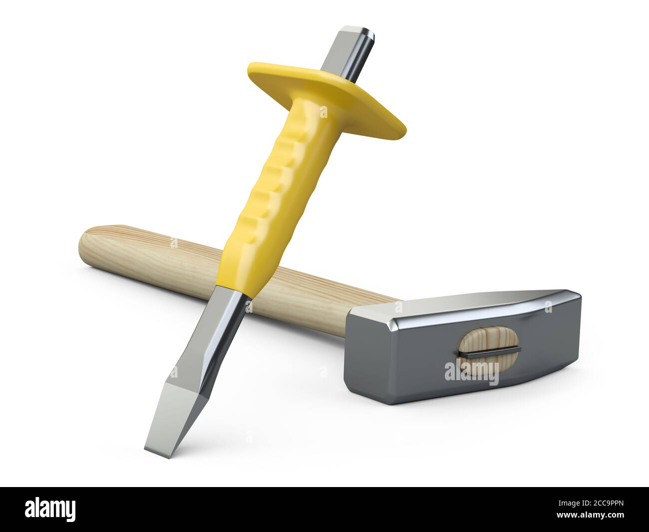 Steel chisel with rubber safety sleeve and large hammer with wooden handle. 3d illustration