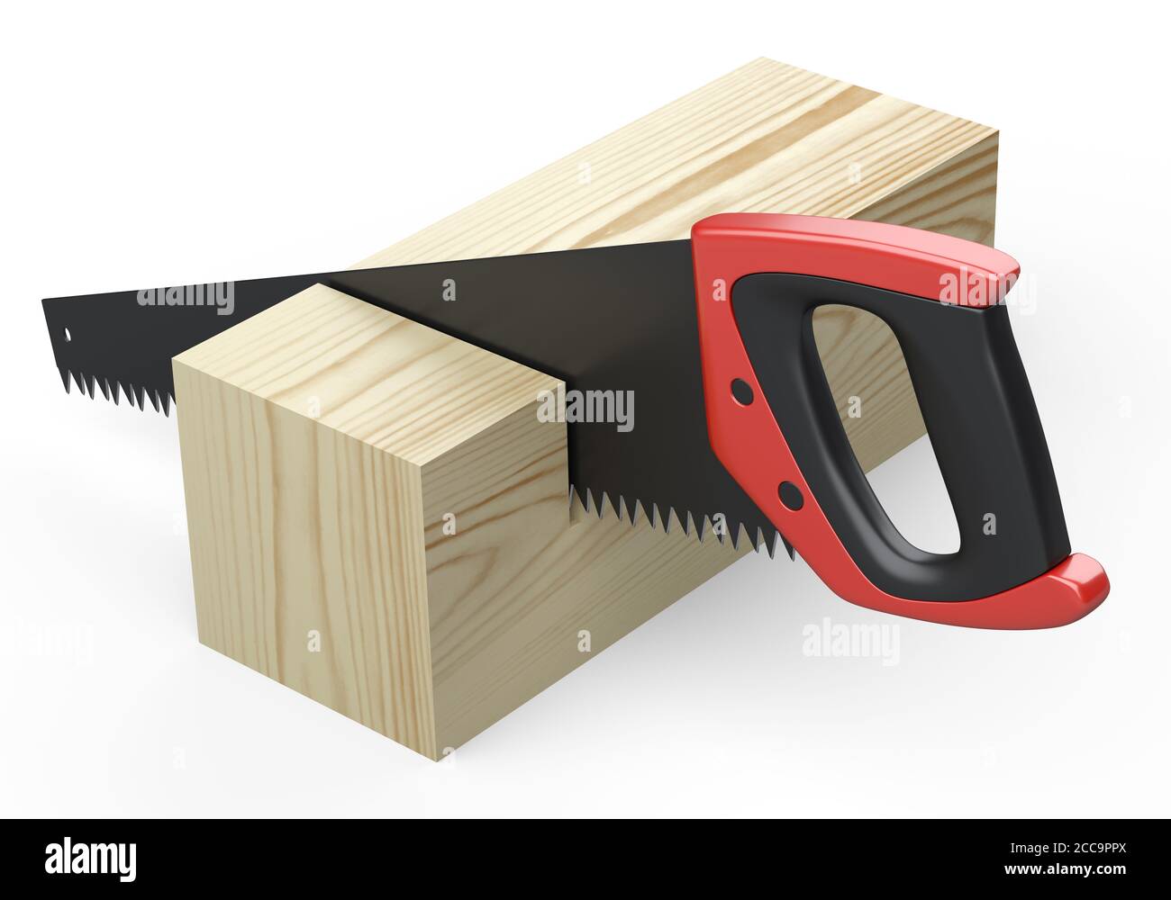 A saw with a plastic handle cuts wood bar. 3d illustration isolated on