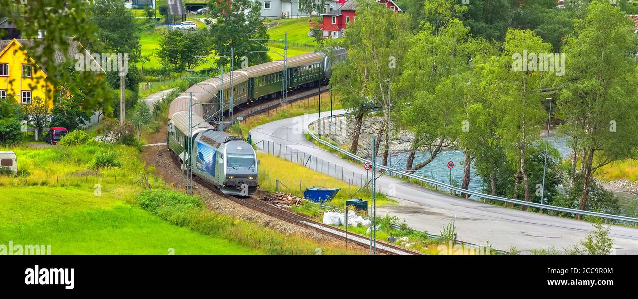 Flam, Norway - July 31, 2018: Flam Railway, Aurland, Flamsbana train aerial view in Norwegian village Stock Photo