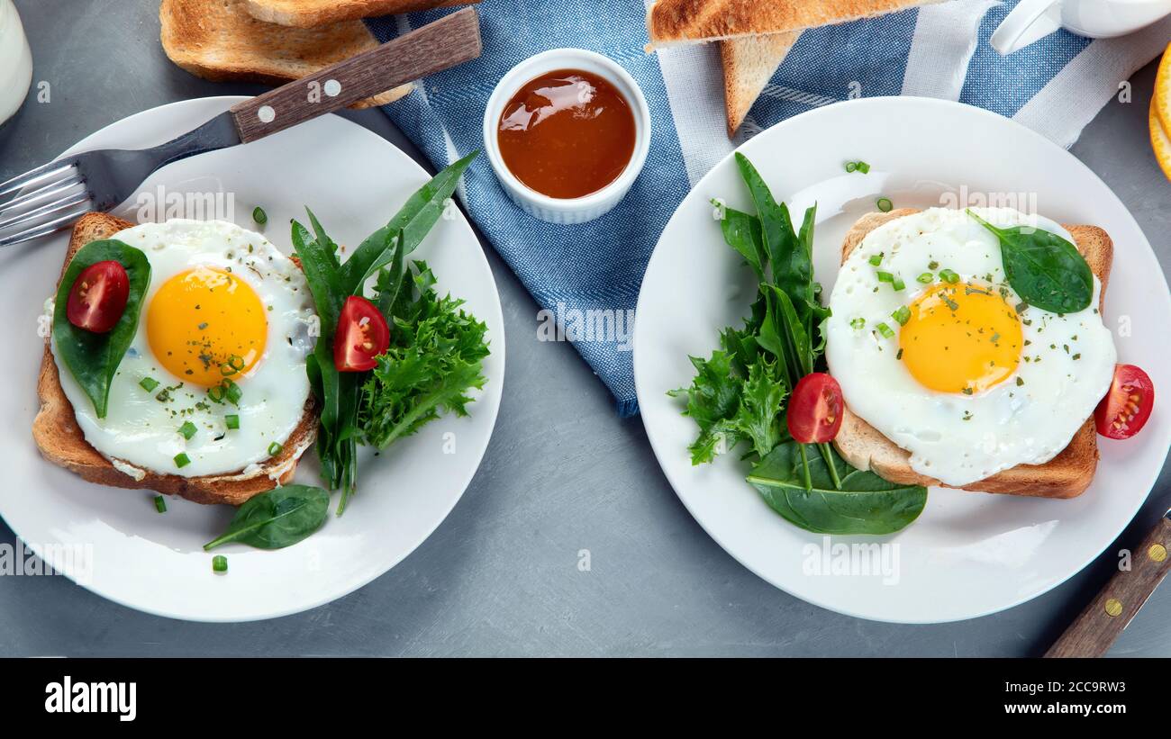 Traditional American breakfast on grey background . Top view, flat lay. Stock Photo
