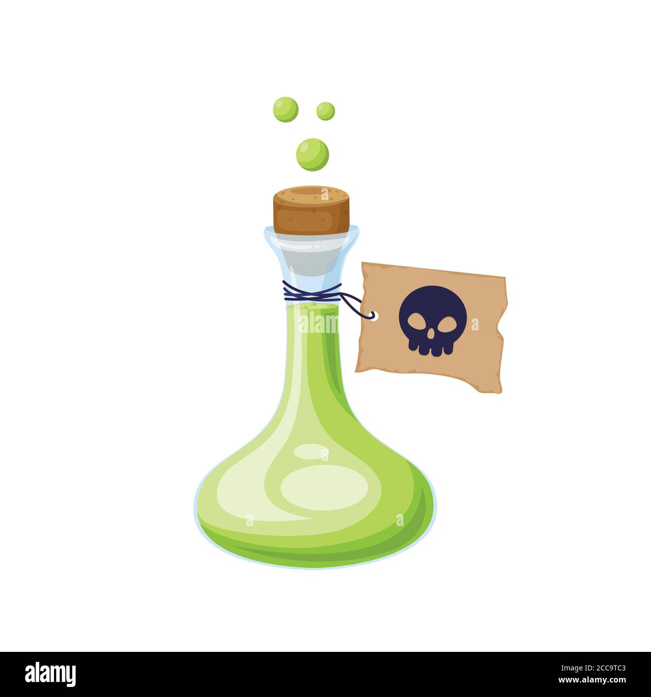 Cartoon potion glass bottle with cork and paper label. Vector