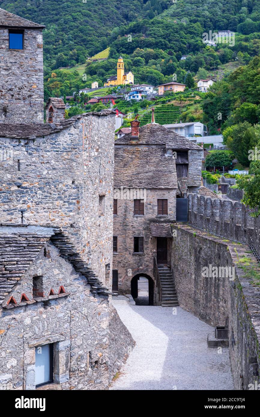 Montebello Castle courtyard, Bellinzona, Ticino, Switzerland Stock Photo