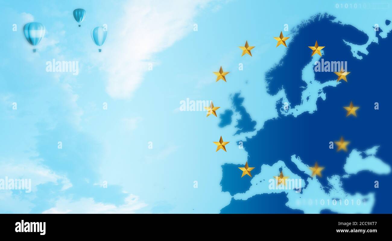 Flag of European Union and map of Europe background. Eu sign. Copy space Stock Photo