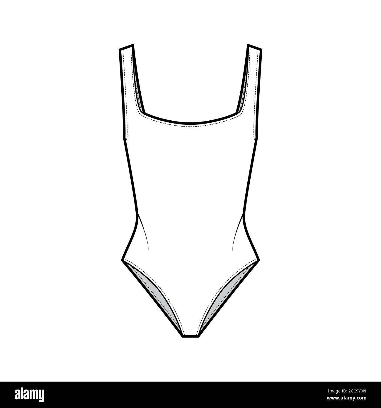 Download Stretch Jersey Bodysuit Technical Fashion Illustration With Open Back Deep Square Neckline Flat Outwear One Piece Apparel Template Front Grey Color Women Men Unisex Swimsuit Cad Mockup Stock Vector Image Art Alamy