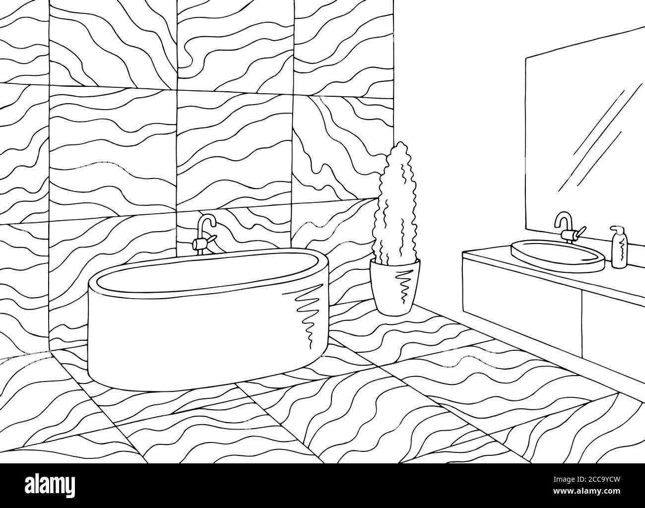 Bathroom graphic home interior black white sketch illustration vector