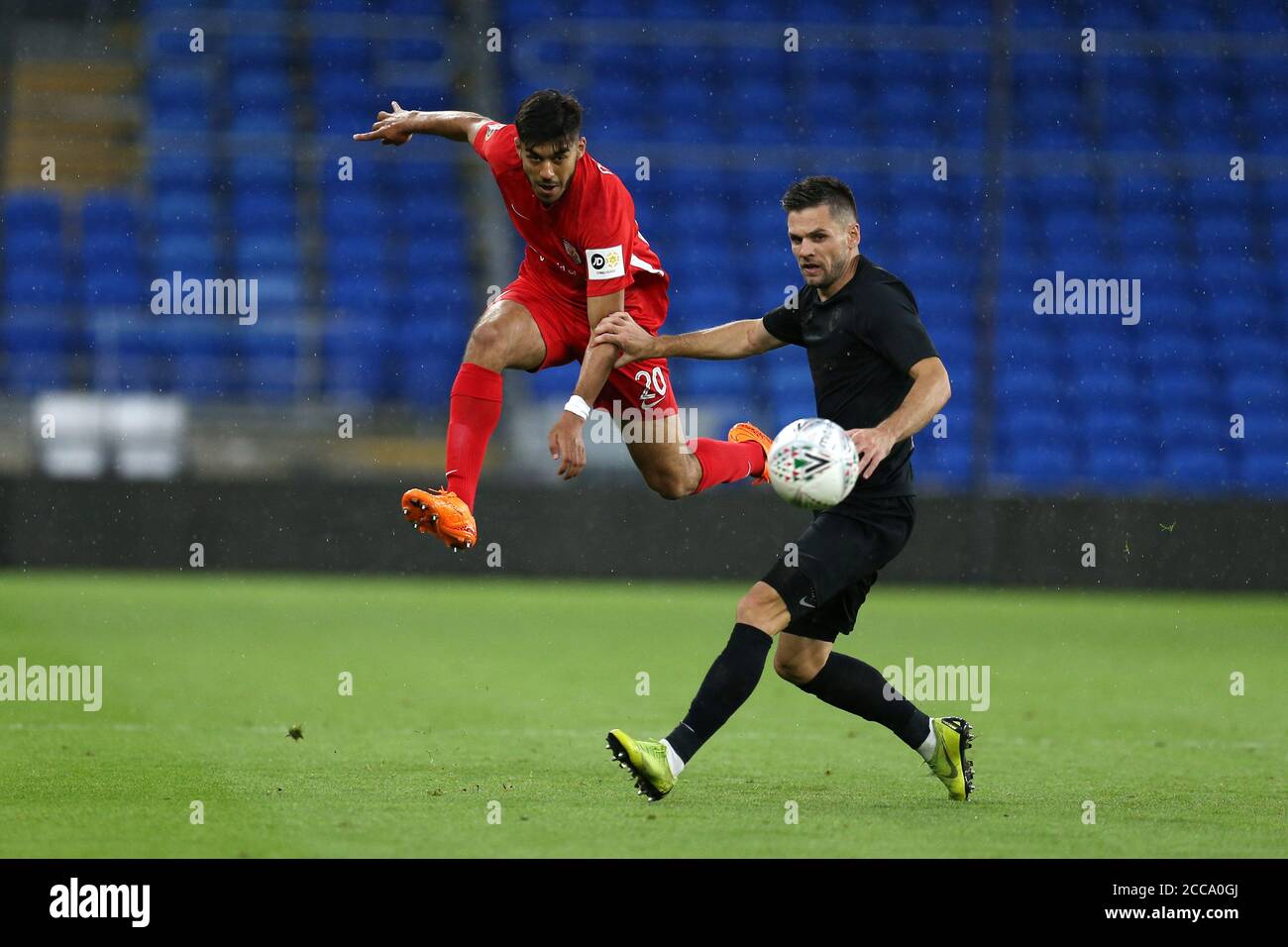 Cardiff, UK. 19th Aug, 2020. Sameron Singh-Dool of Connah's Quay Nomads (l) in action. UEFA Champions league first qualifying round match, Connah's Quay Nomads (Wales) v FK Sarajevo (Bosnia) at the Cardiff City Stadium in Cardiff, Wales on Wednesday 19th August 2020. this image may only be used for Editorial purposes. Editorial use only, license required for commercial use. No use in betting, games or a single club/league/player publications. pic by Andrew Orchard/Andrew Orchard sports photography/Alamy Live news Credit: Andrew Orchard sports photography/Alamy Live News Stock Photo