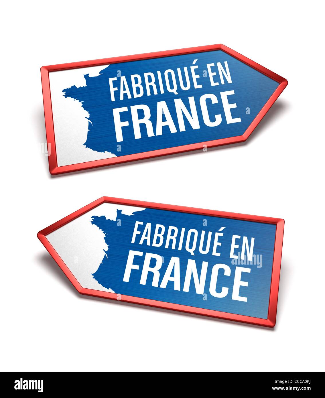 Made in France - Blue, white and blue labels with a map of France, text in French language. French certificate inside arrow icon shapes, pointing left Stock Photo