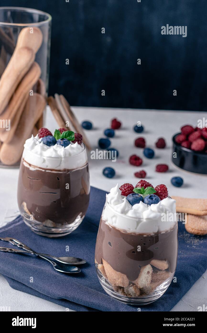 Chocolate pudding with ladyfinger biscuit and fruits. Served and ready to eat. Stock Photo