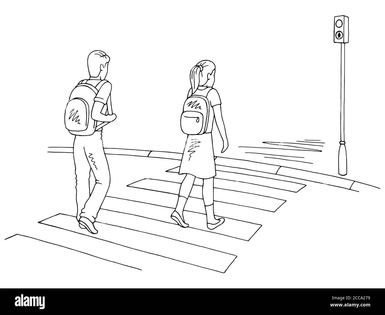 Children walking at the crosswalk graphic black white street sketch illustration vector Stock Vector