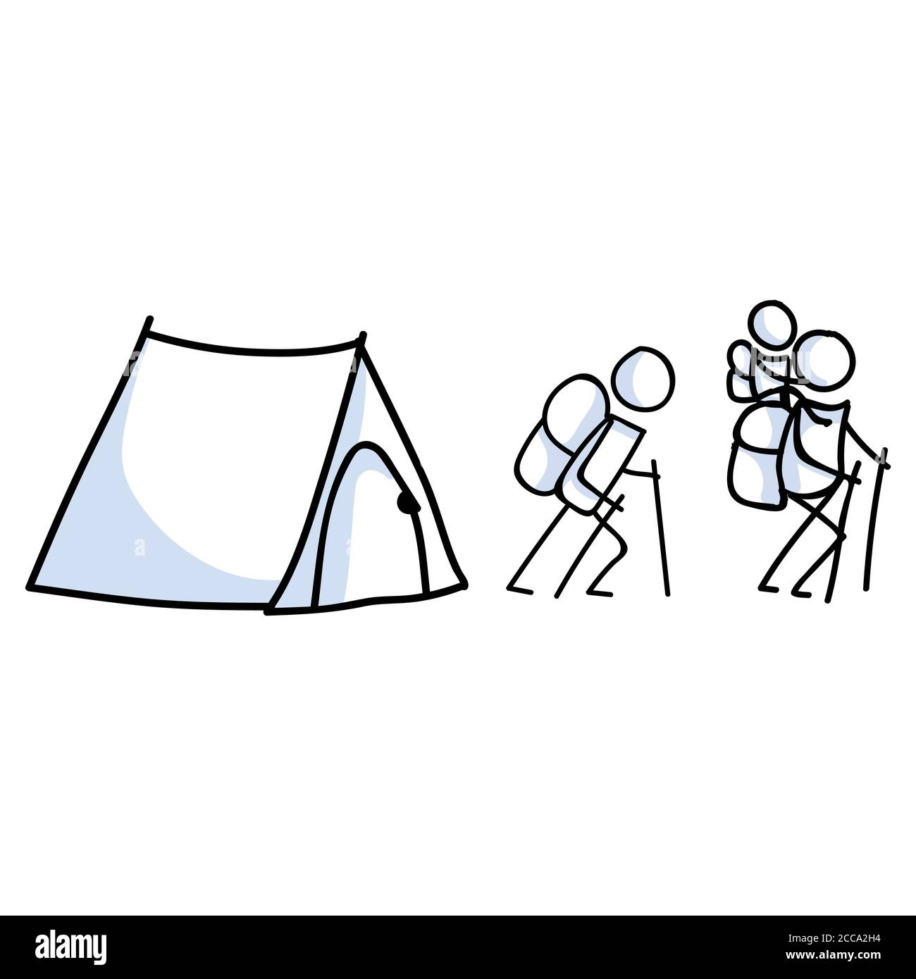 Hand drawn stickman camping family concept. Simple outdoor vacation doodle icon for staycation, family travel adventure clipart. Simple getaway figure Stock Vector