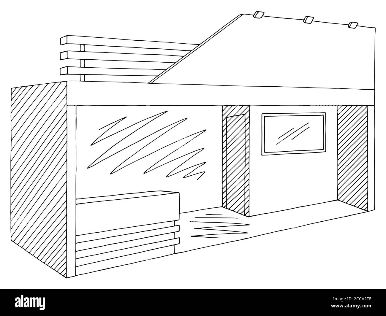 Exhibition stand graphic interior black white sketch illustration vector Stock Vector