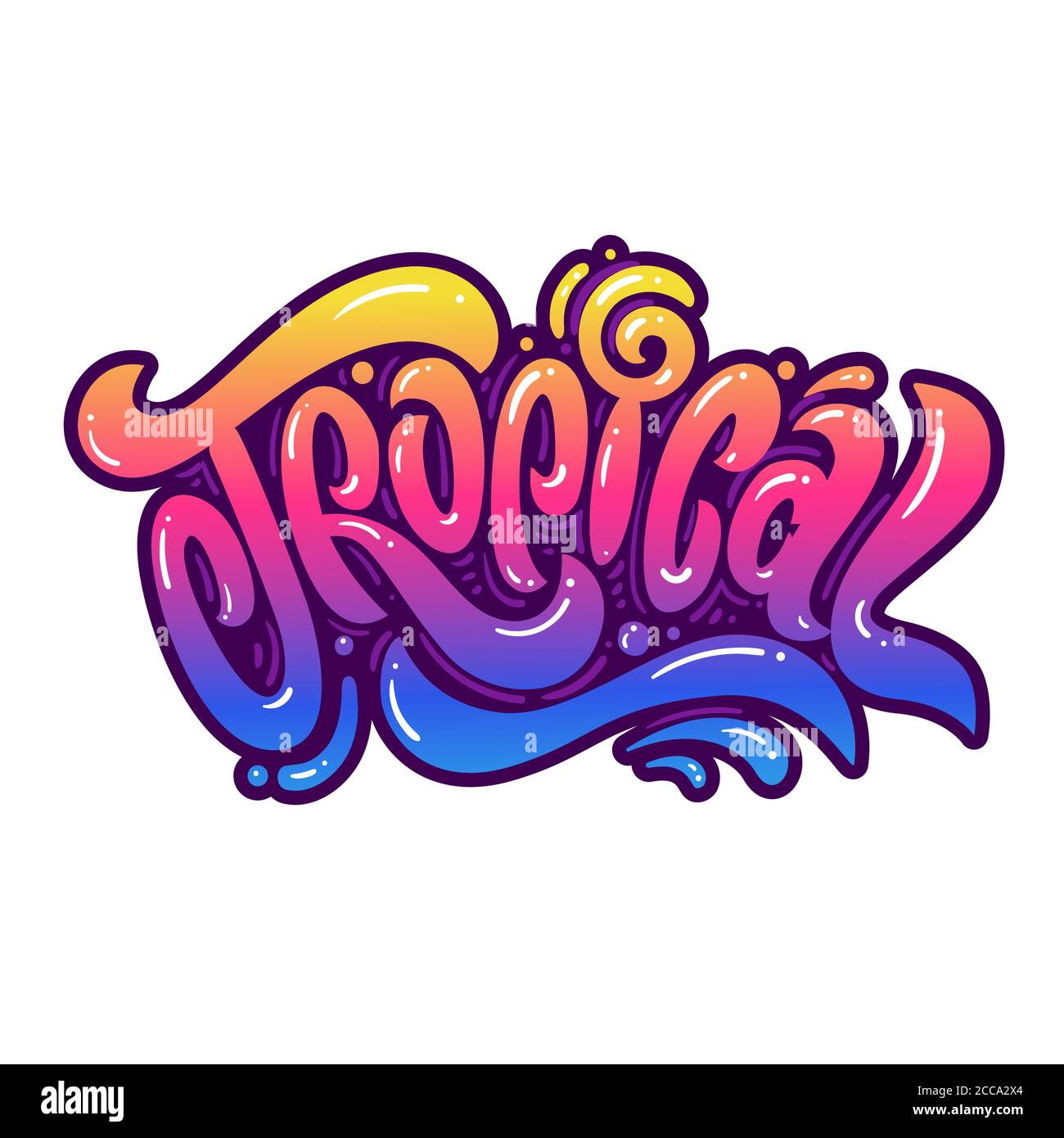 Tropical. Hand lettering colorful text. Design template for greeting cards, invitations, banners, gifts, prints and posters. Stock Vector