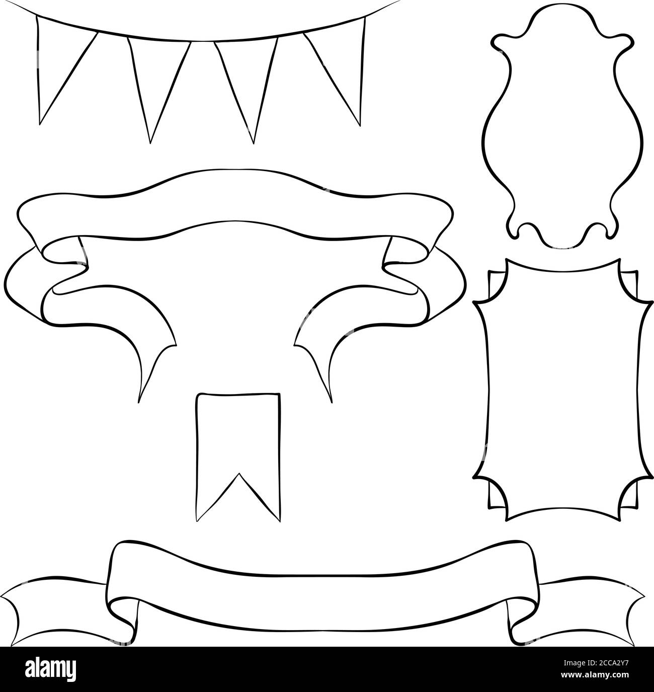 Vector line art illustration of hand drawn ribbons and labels. Set ...