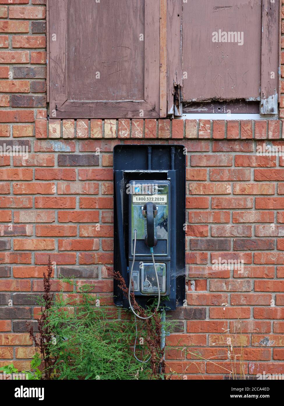 Pay telephone mounted on exterior brick wall. Stock Photo