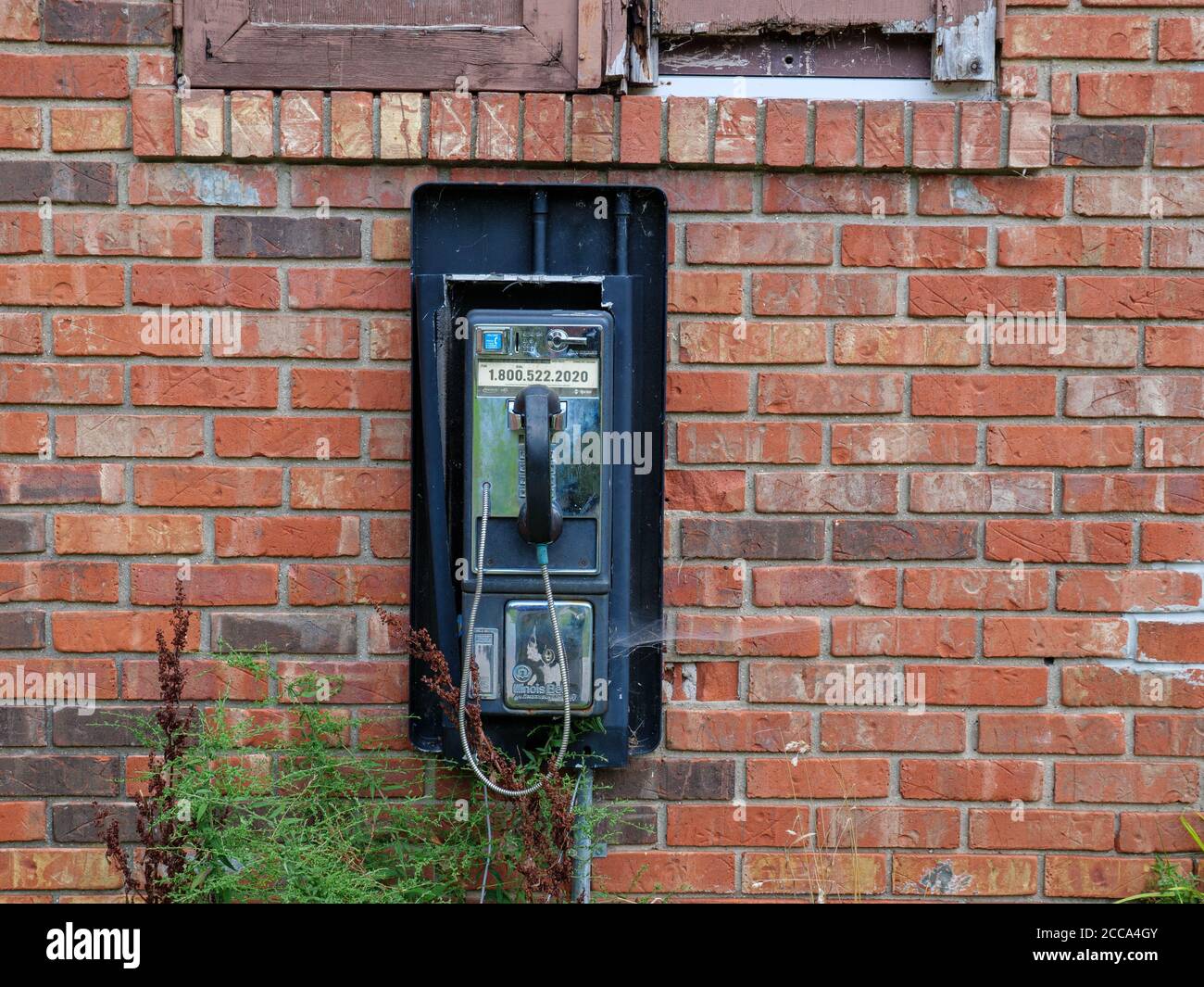 Pay telephone mounted on exterior brick wall. Stock Photo