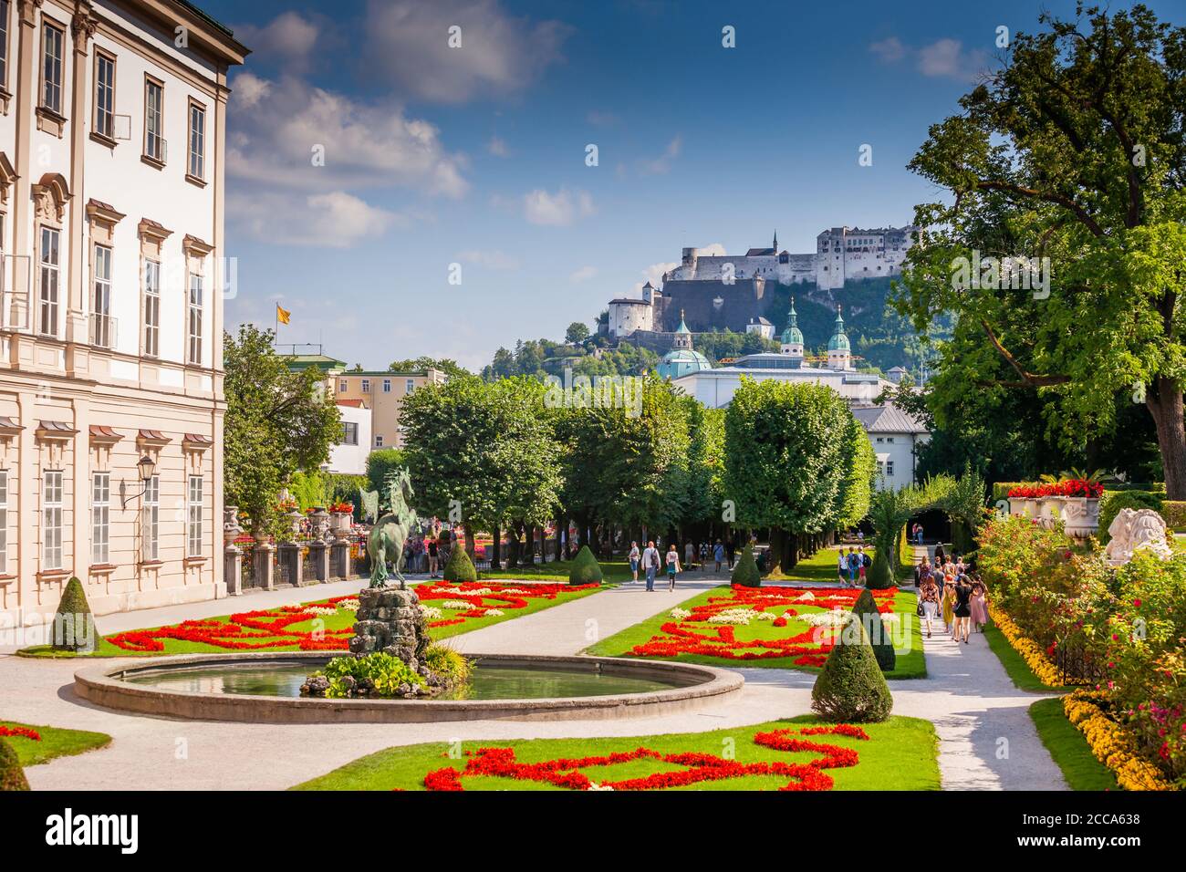 A view of the Mirabell Gardens and Hohensalzburg fortress in summer Stock Photo