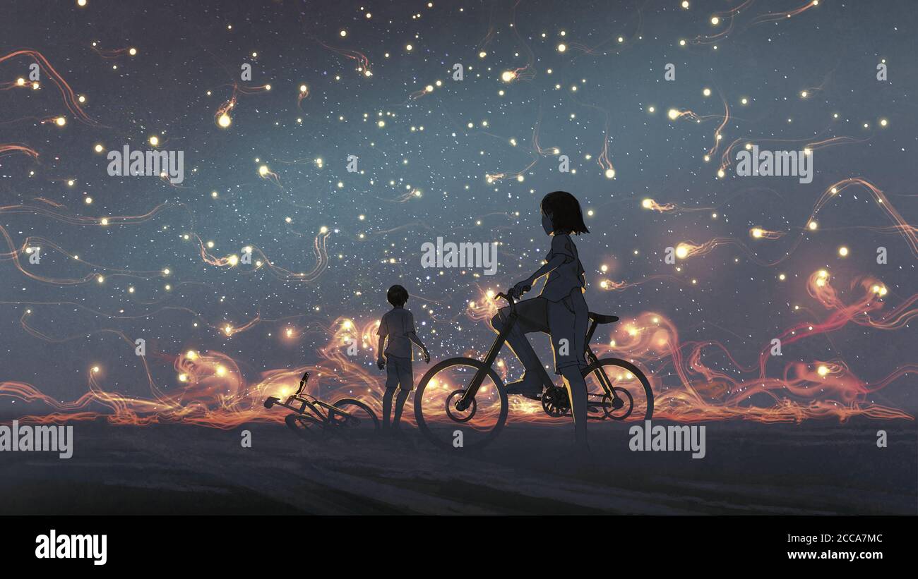 young couple look at mysterious light in the night sky, digital art style, illustration painting Stock Photo