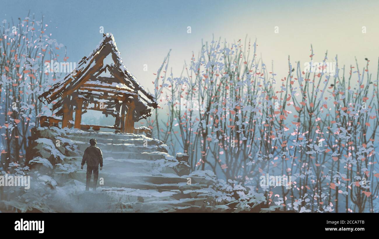 a man walks up the stairs to the abandoned temple ruins, digital art style, illustration painting Stock Photo