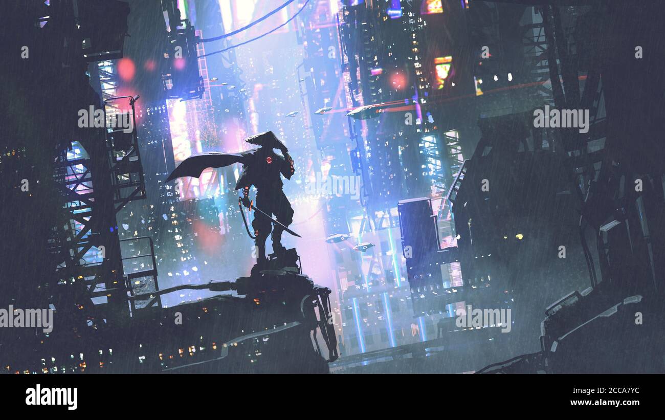 futuristic samurai standing on a building in cyberpunk city at rainy night, digital art style, illustration painting Stock Photo
