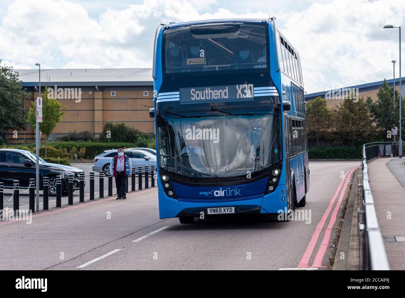 First Essex Essex Airlink X30 bus service arriving at London Southend  Airport, Essex, UK. Links Chelmsford and Stansted Airport. Express airport  route Stock Photo - Alamy