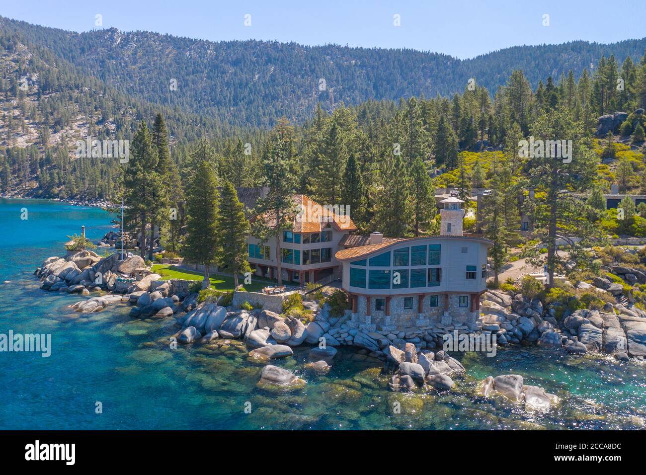 INCLINE VILLAGE, NEVADA, UNITED STATES - Aug 07, 2020: A photo taken from the air of the historic Thunderbird Lodge building on Lake Tahoe's eastern s Stock Photo