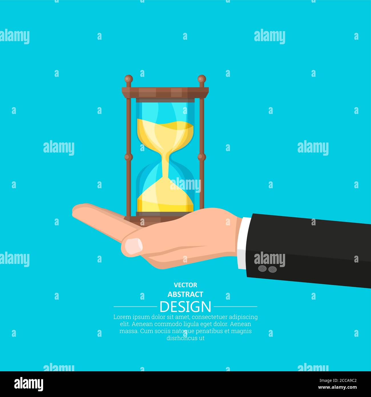 The hand of the businessman holds hourglasses. Time expires. A reminder to action. Business concept. Elements for design. A vector illustration in fla Stock Vector