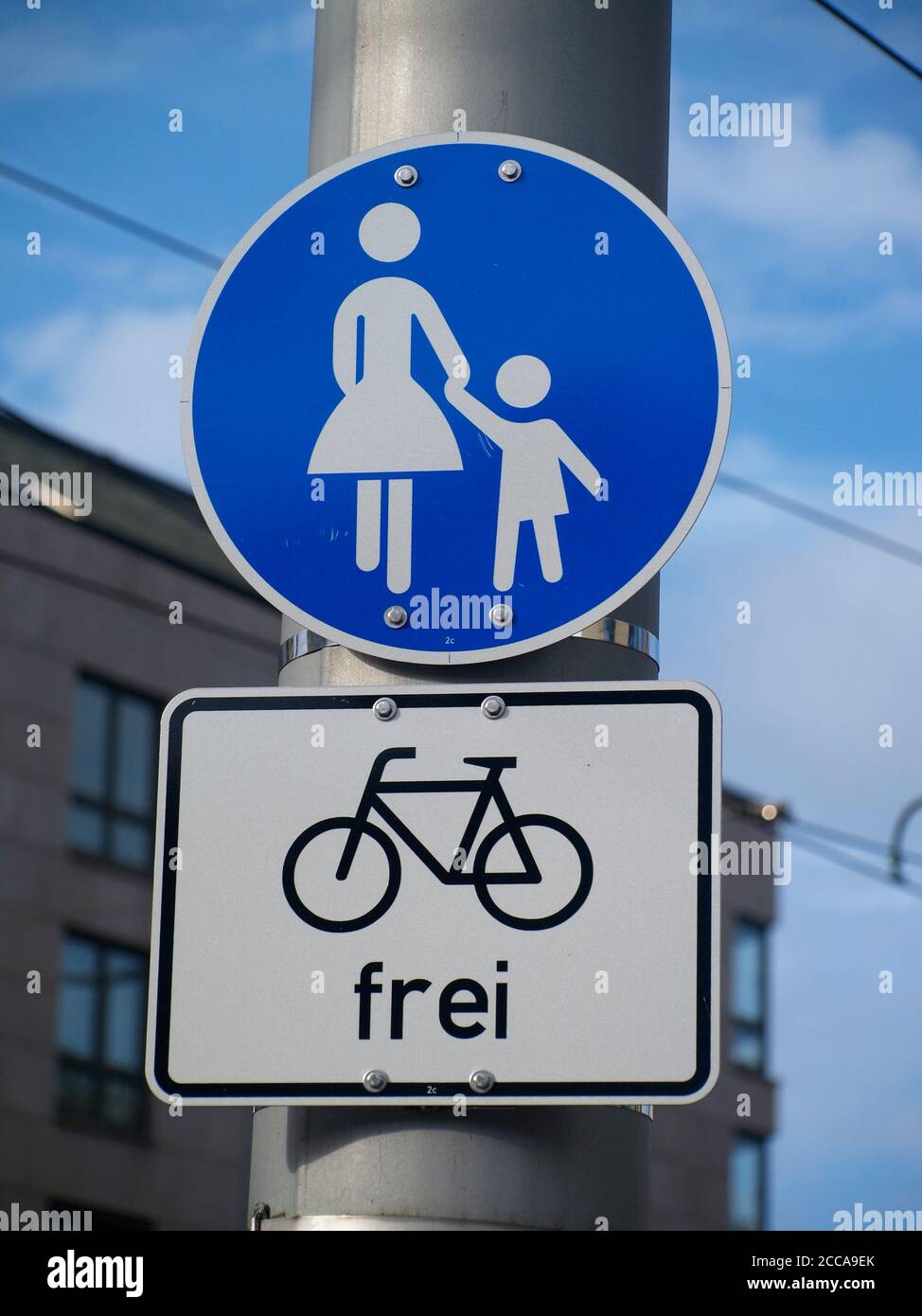 Sign saying "sidewalk for pedestrians, bikes allowed Stock Photo Alamy