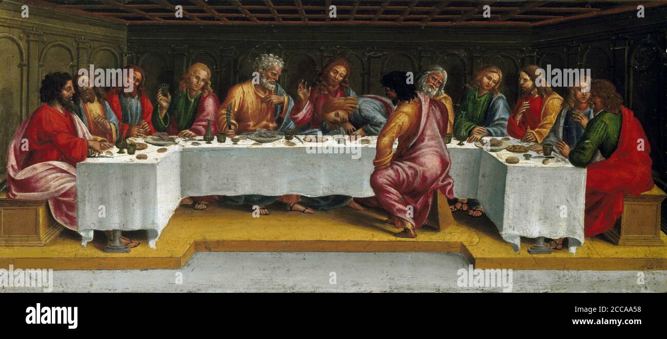 The Last Supper. (Lamentation over the Dead Christ, Predella panel). Museum: Museo Diocesano, Cortona. Author: LUCA SIGNORELLI. Stock Photo