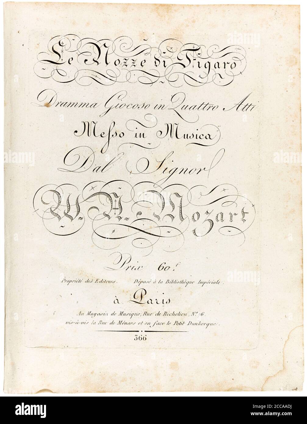 Cover of the score Le nozze di Figaro dramma giocoso in quattro atti. Magasin de musique, Paris. Museum: PRIVATE COLLECTION. Author: WOLFGANG AMADEUS MOZART. Stock Photo