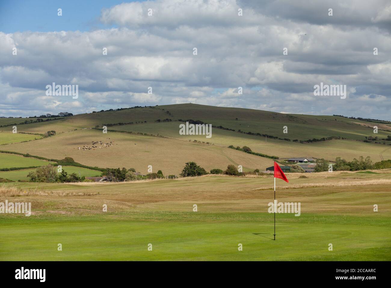 A green on the Bridport and West Dorset Golf Club, near Burton Freshwater, Dorset, England. Stock Photo