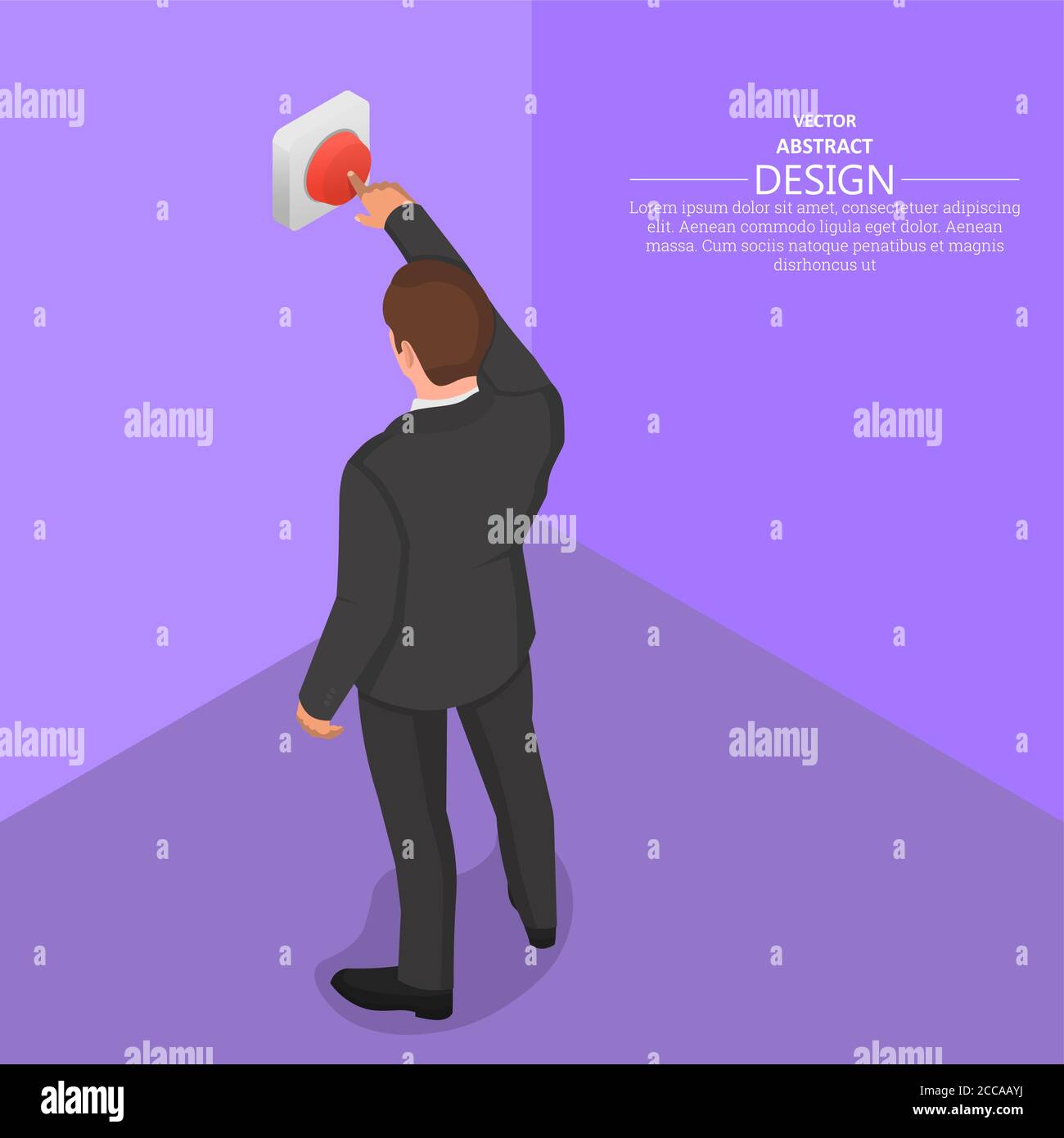 The man presses the red button. Alarm signal, danger.3D. Isometry. Vector illustration. Stock Vector