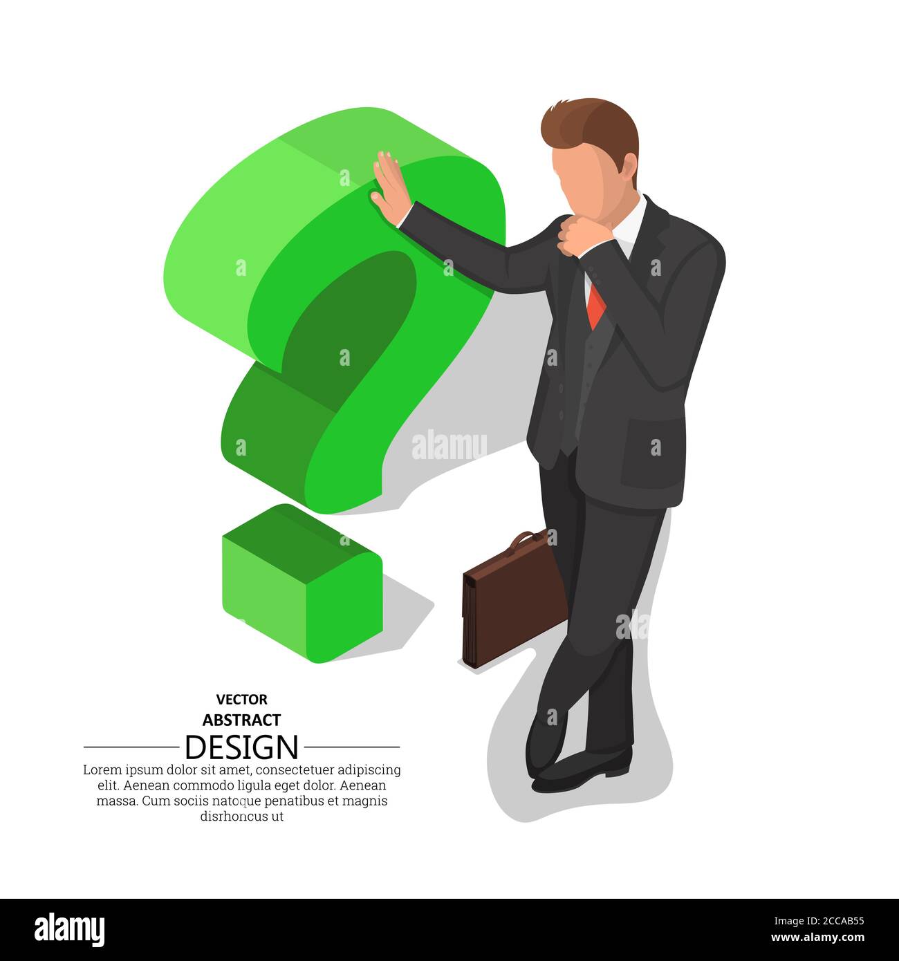 The businessman leans on a question mark. Concept of an impasse. Barrier, obstacle, dilemma. Difficulty in decision-making. 3D. Isometry. A vector ill Stock Vector