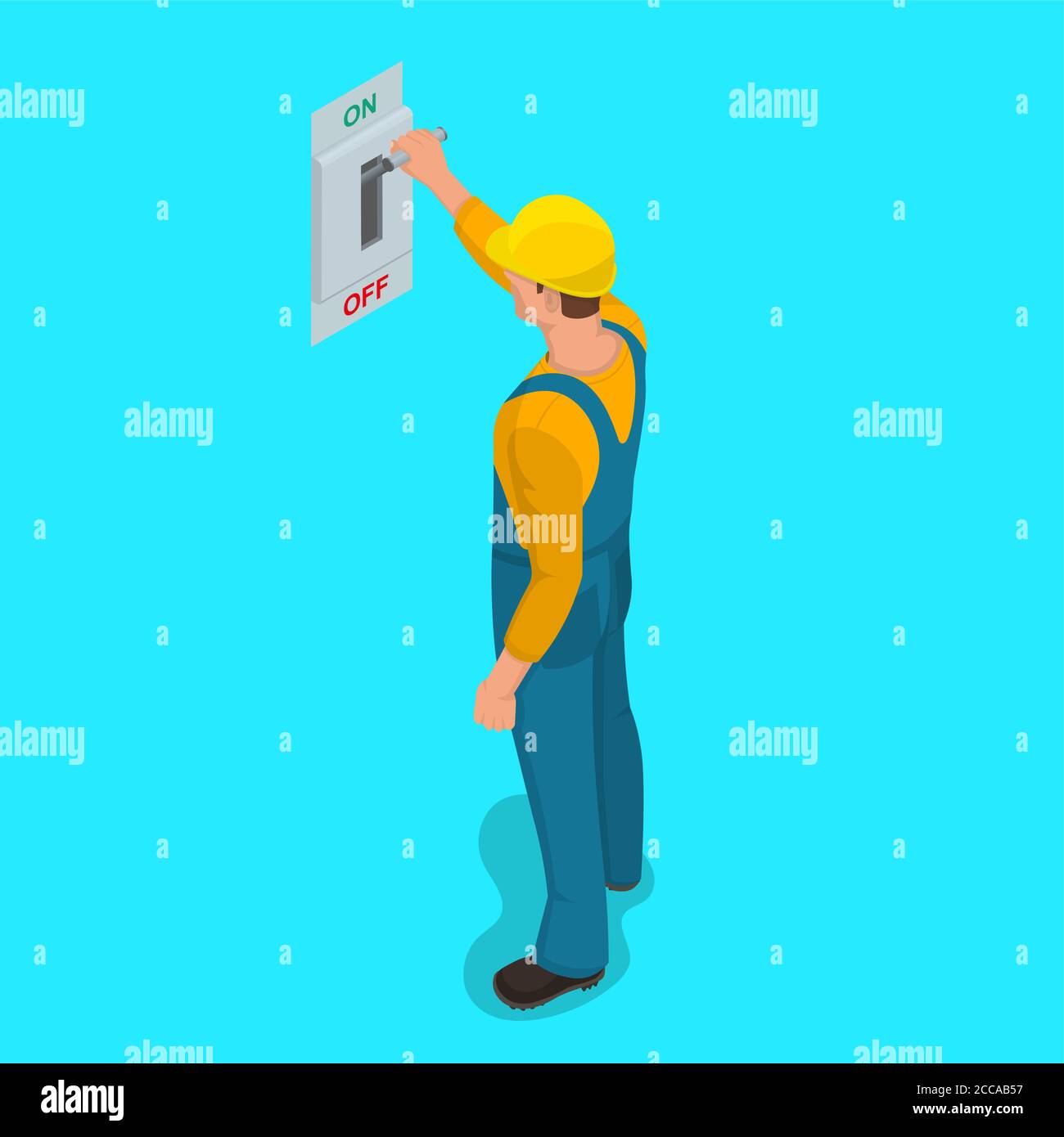 Worker man turns electric knife switch in the 'on' position. Toggle switch. High voltage. Electrical circuit is enabled. Power station. Danger. Vector Stock Vector