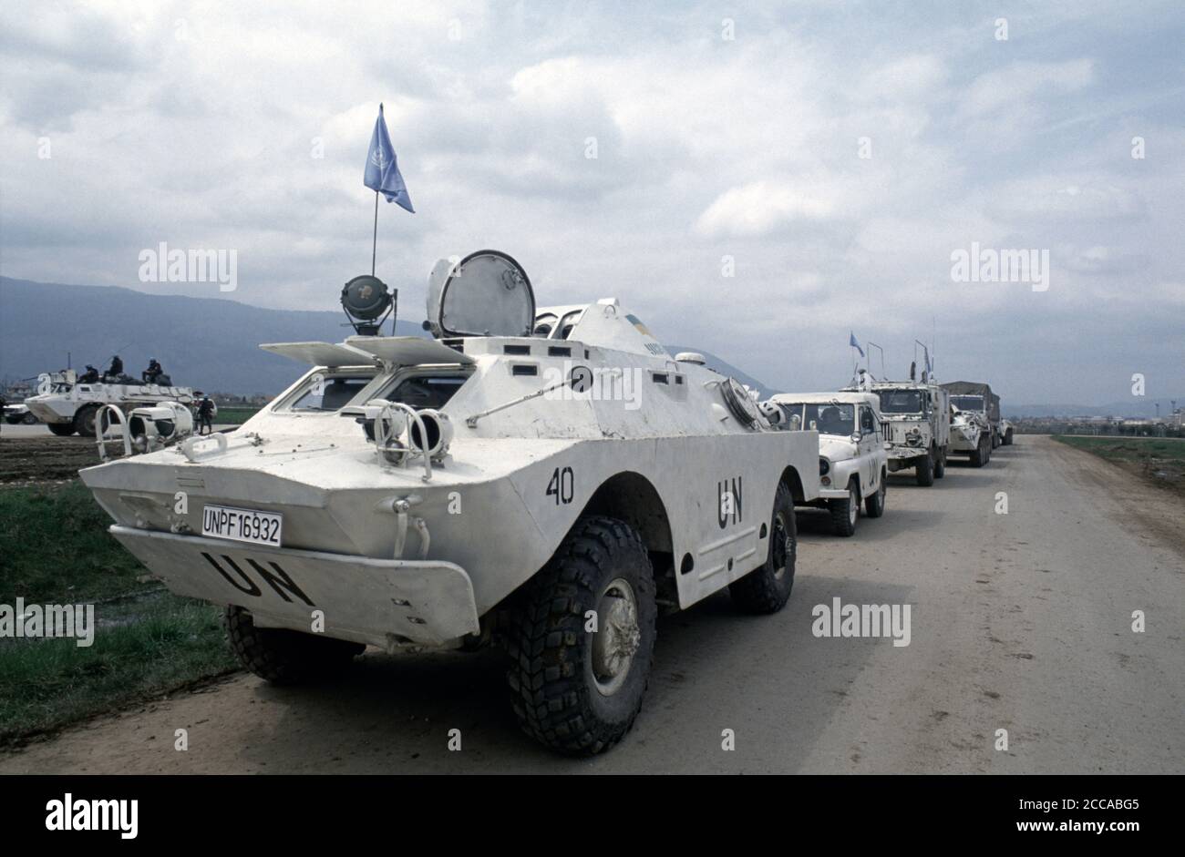20th April 1994 During the Siege of Sarajevo: on a taxiway at the airport, a Ukrainian column is part of a United Nations convoy, on standby to travel to Goražde, 55 miles (90Km) south-east of Sarajevo. Stock Photo
