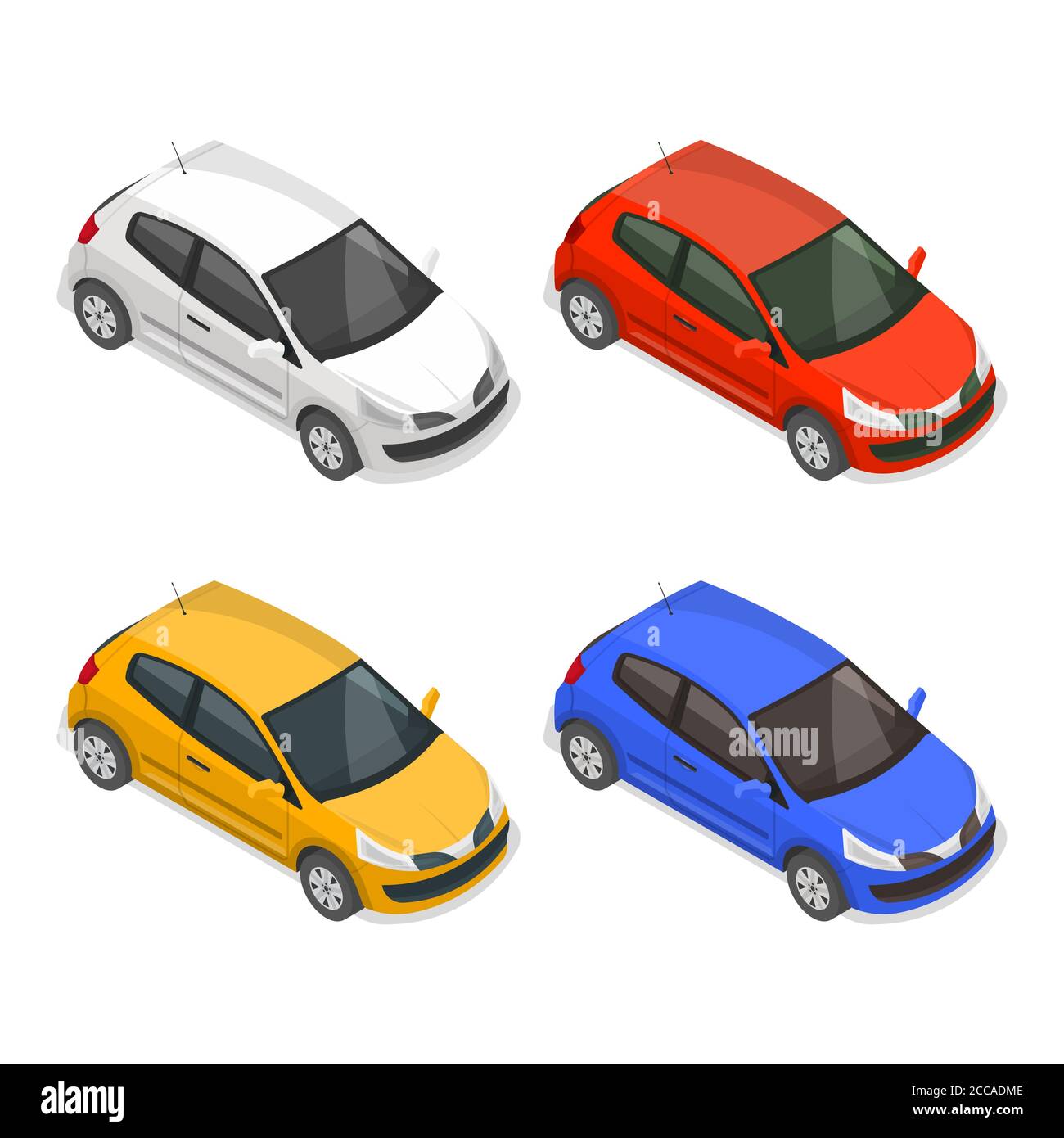 Set of passenger multi-colored cars on the isolated white background.3D. Isometry.Elements for design. Vector illustration. Stock Vector