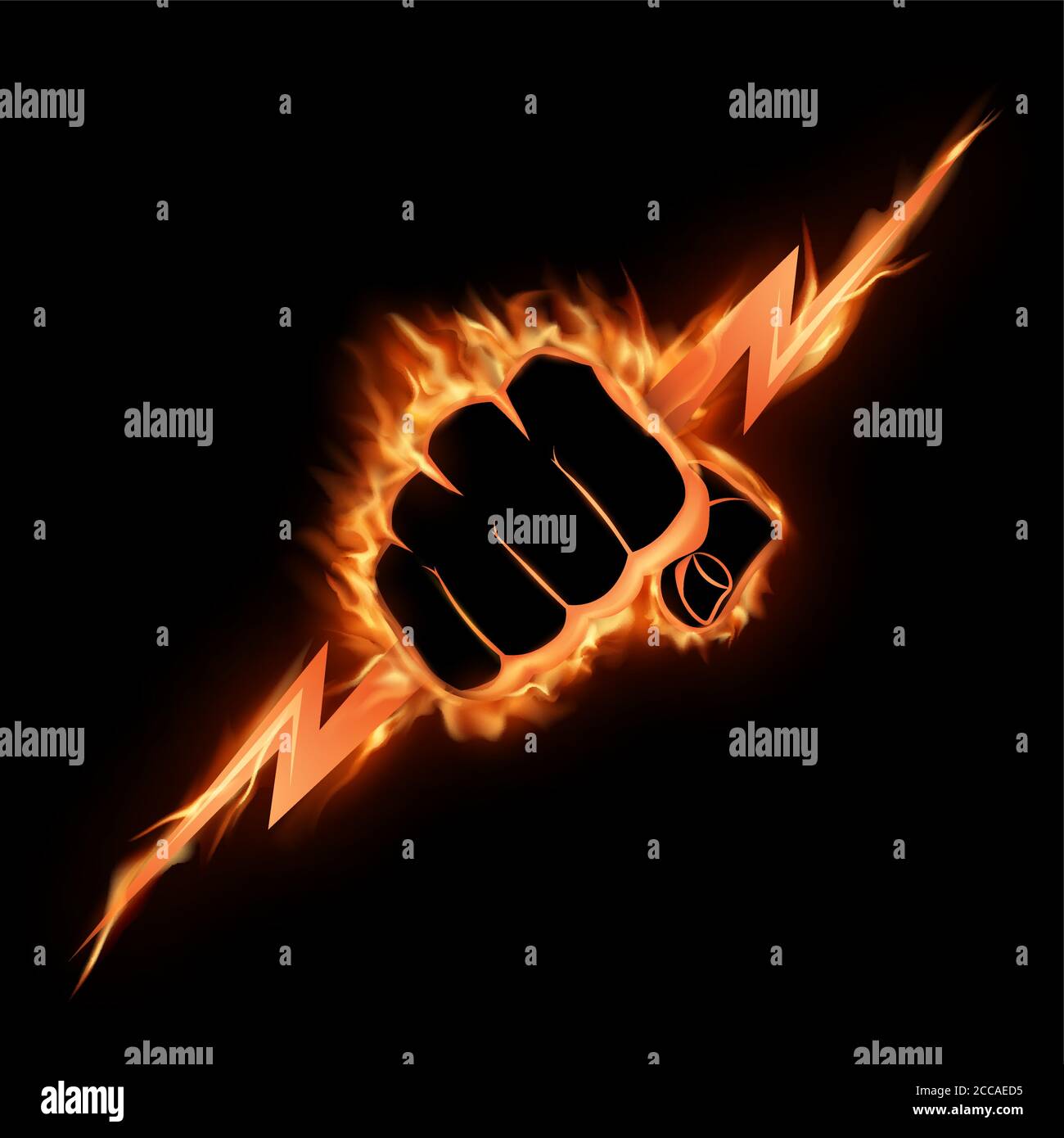 The burning fist squeezes a lightning.The vector illustration symbolizing force, the power. A logo, a sign for the power companies, fight club. Design Stock Vector