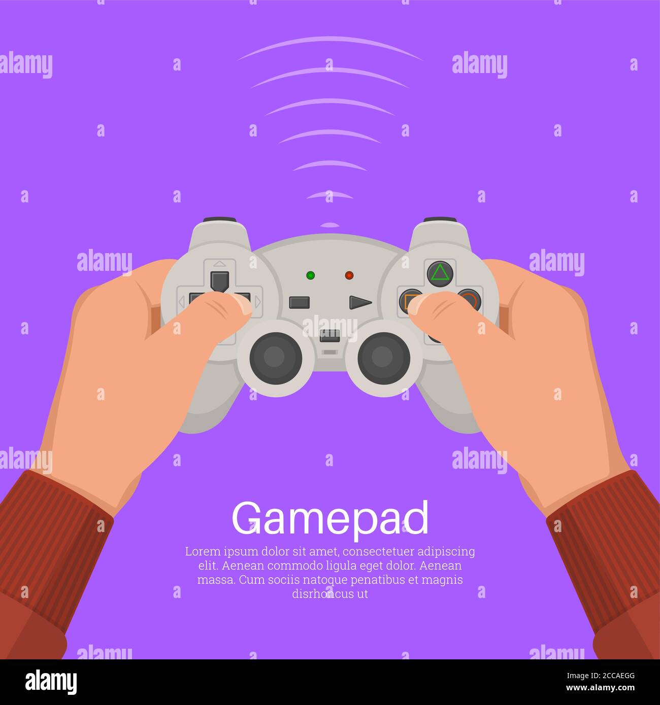 Hands operate the game controller. Equipment for video games. Digital entertainment. Concept of leisure, entertainment. A vector illustration in flat Stock Vector