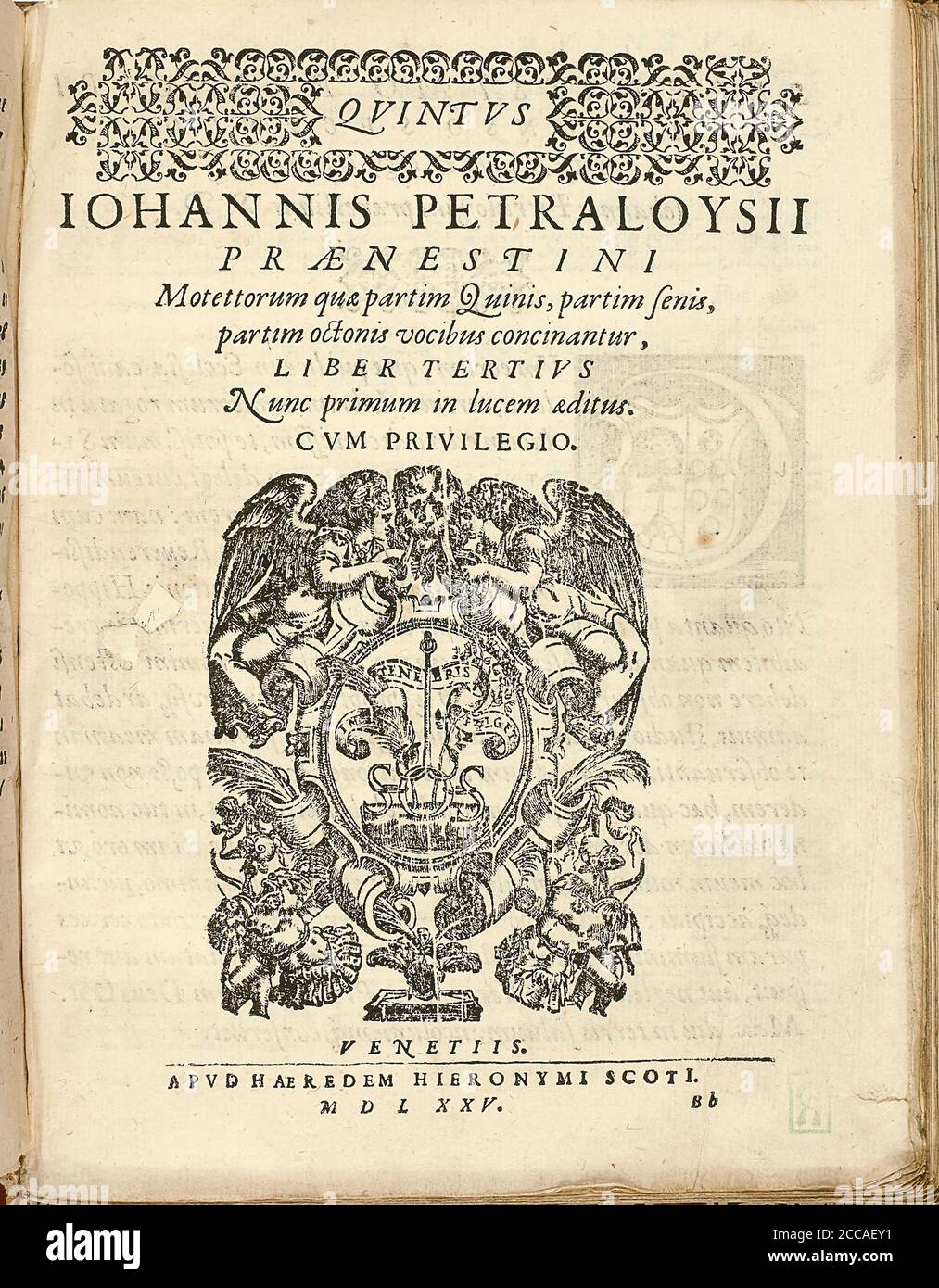 Title page of 'Iohannis Petraloysii Praenestni Motettorum... Liber tertius' by Giovanni Pierluigi da Palestrina. Museum: PRIVATE COLLECTION. Author: ANONYMOUS. Stock Photo