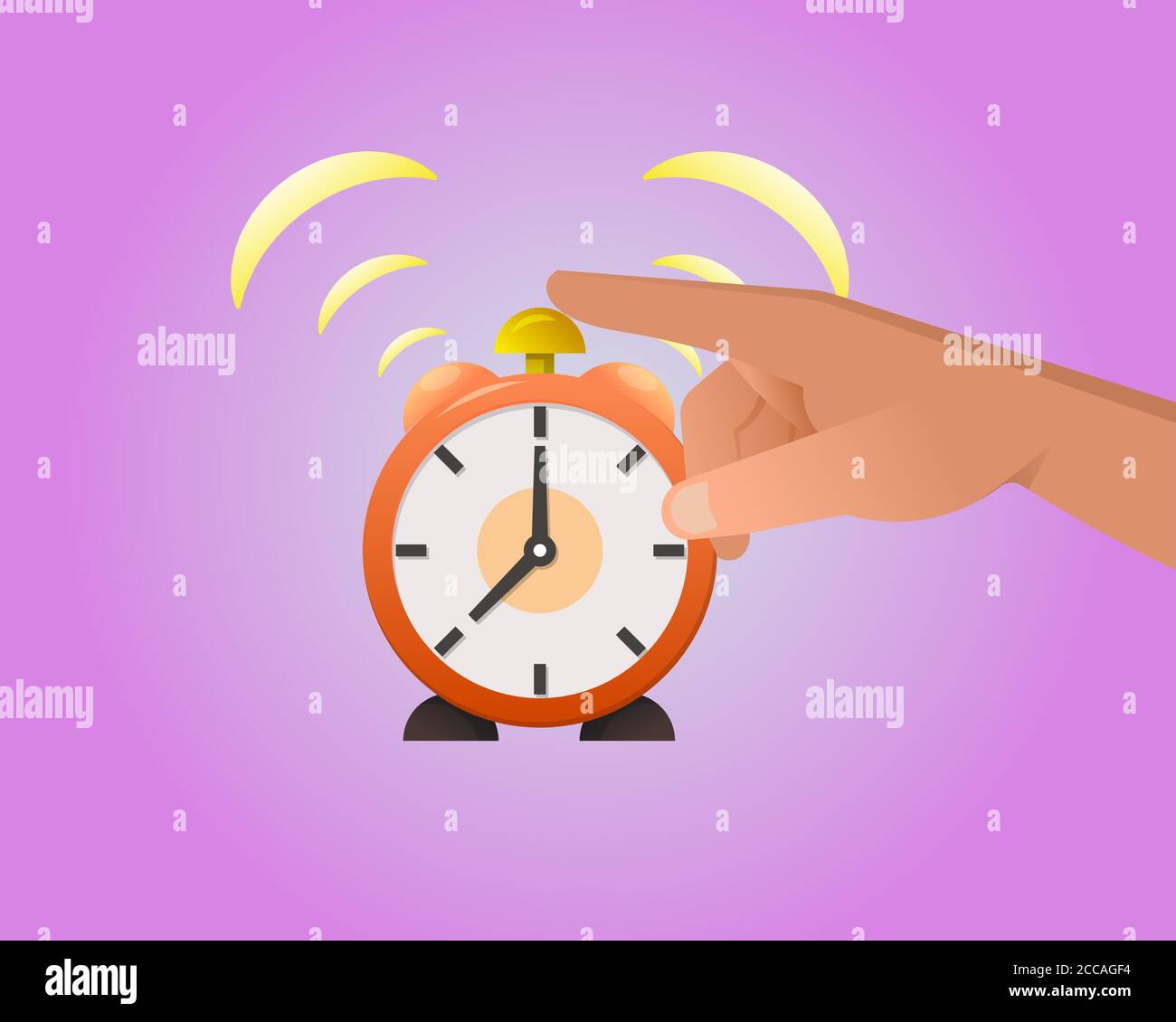 The hand presses the alarm clock button. Operating time. Business concept.The beginning of the working day.Elements for design.Vector illustration in Stock Vector