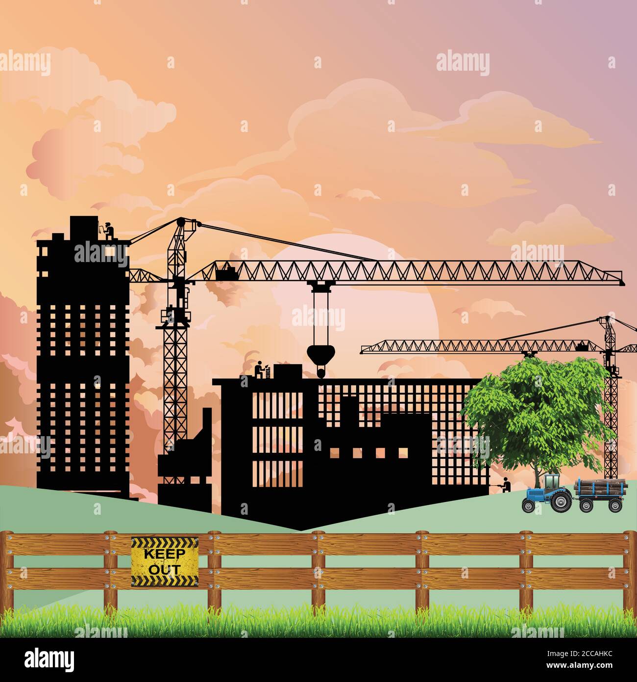 Silhouetted generic construction development on green belt land destroying the countryside set against a dawn or dusk sky Stock Vector