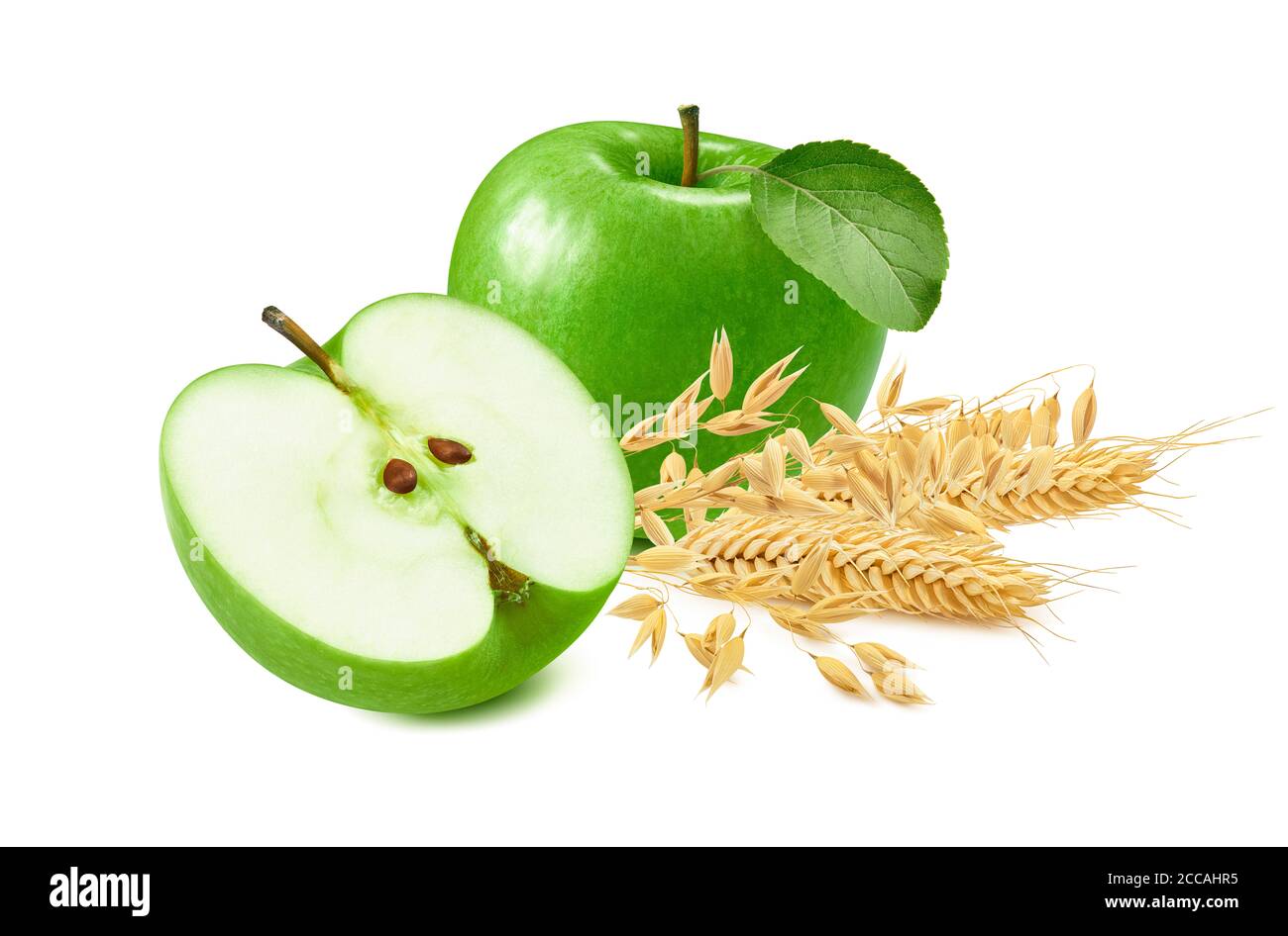 Green apple, wheat and oat ears isolated on white background. Package design element with clipping path. For oatmeal and cereals Stock Photo