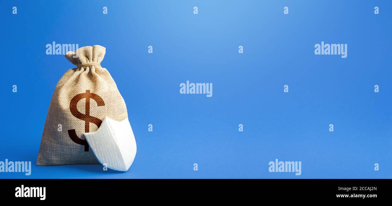 Dollar money bag and protection shield. Ease doing business. Guaranteed deposits insurance compensation. Investment protection. Strength of the financ Stock Photo