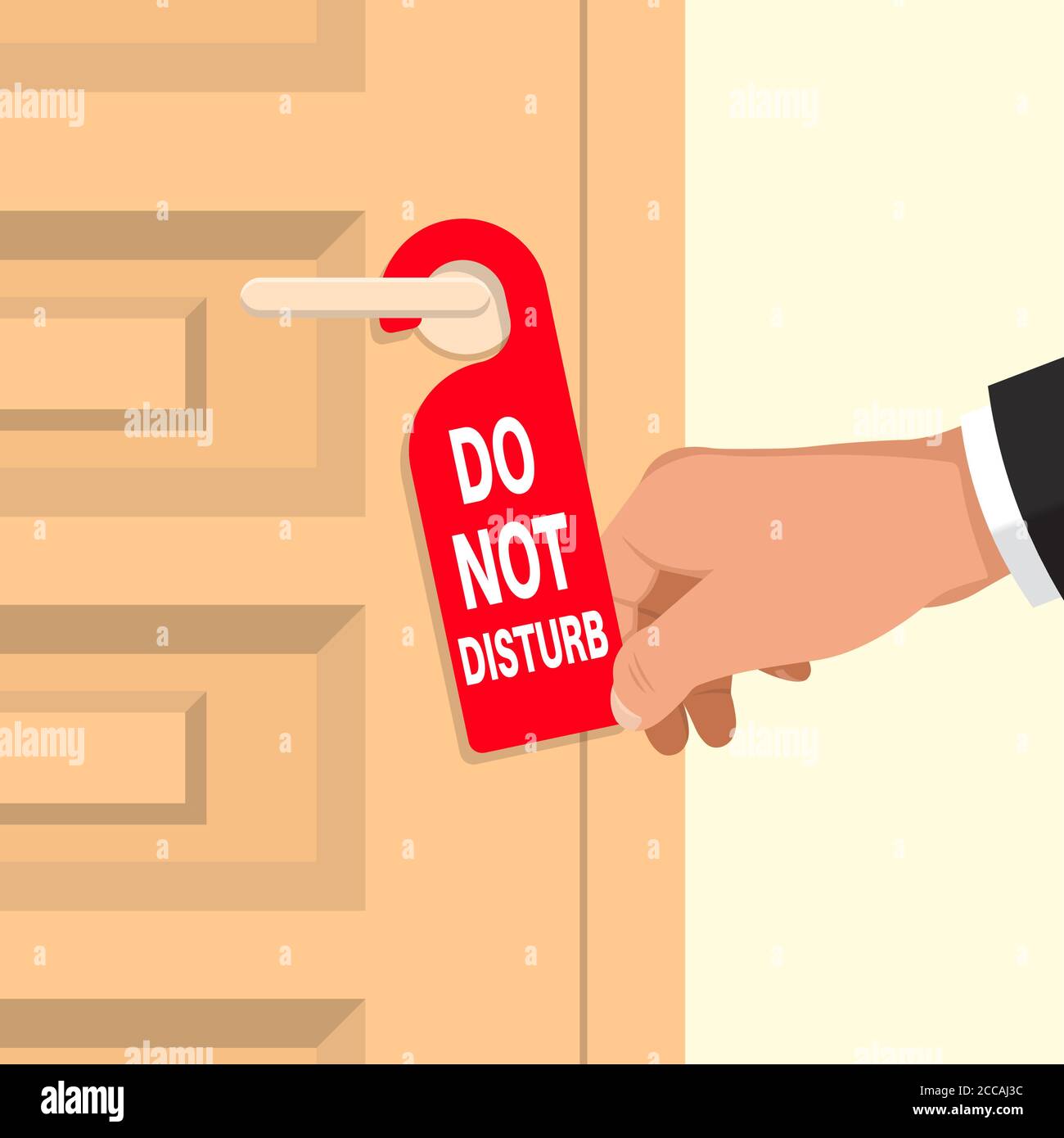 Do not disturb. The businessman 's hand hangs a warning sign on the door handle. Business concept. Vector illustration in a flat style. Stock Vector
