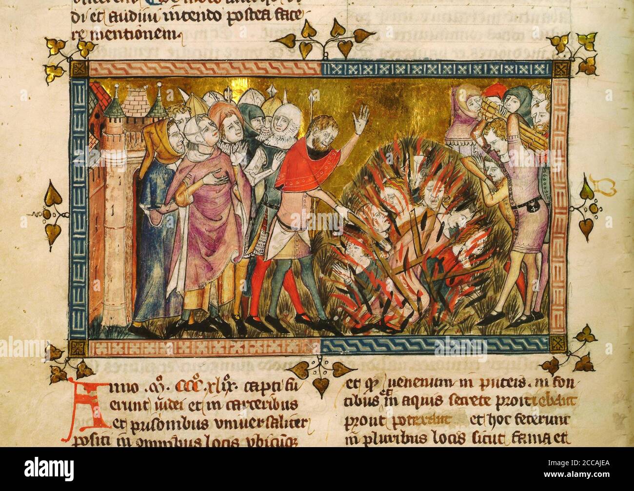Burning of the Jews in 1349. Miniature from: Tractatus quartus by Gilles de Muisit. Museum: Bibliothèque royale de Belgique. Author: Pierart dou Tielt. Stock Photo